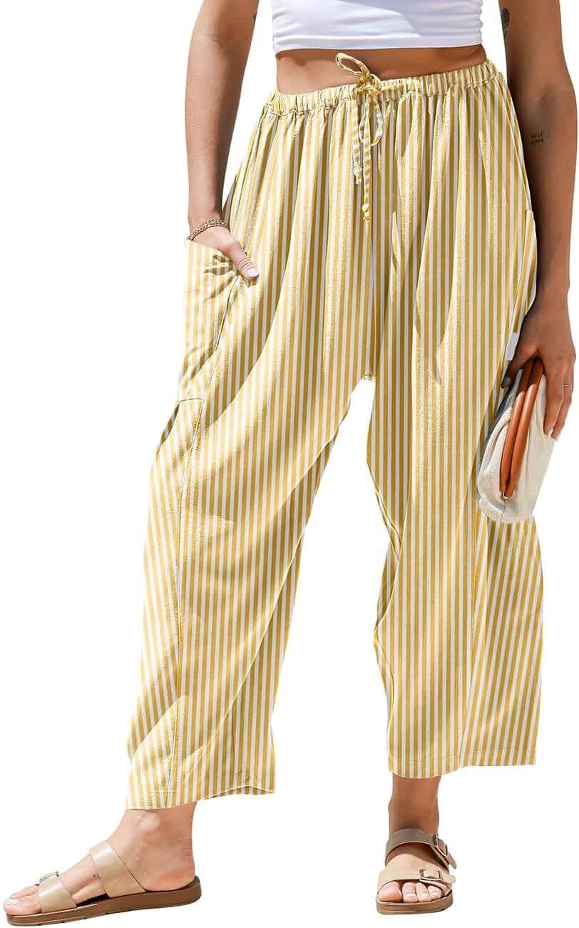 TARSE Womens Linen Wide Leg Striped Pants Casual Barrel Palazzo Harem Pants Gingham Pants, Loose Fit Drawstring Baggy Pants, Side Pockets, Lounge Pants, Beach Travel Vacation Trousers