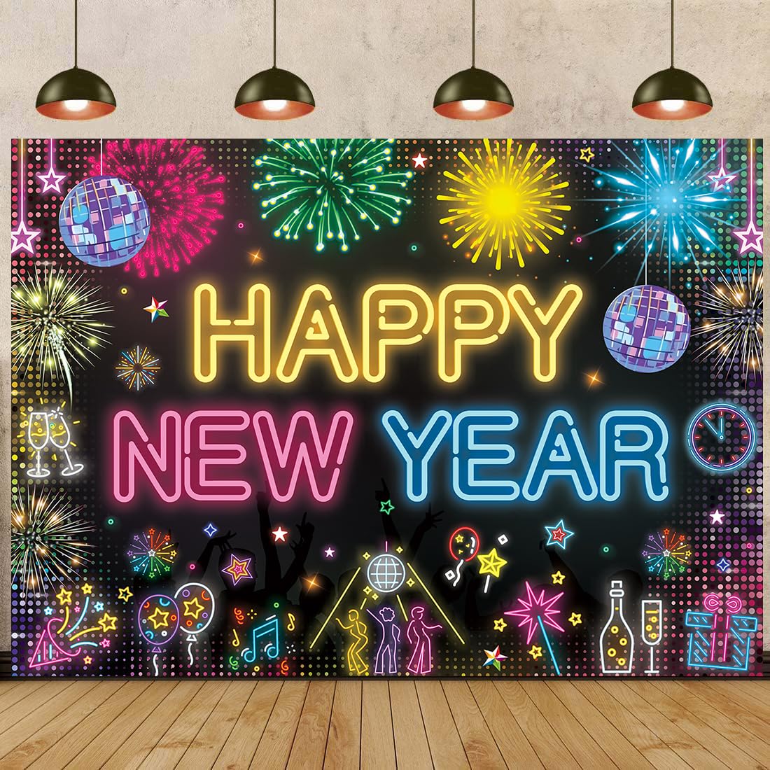 Toile de fond néon Happy New Year Disco phosphorescente pour fête du Nouvel An - Décorations de feux d'artifice couleur néon pailletée 2026 NYE - Fournitures de fête - Accessoires photo (8X6FT (244 x