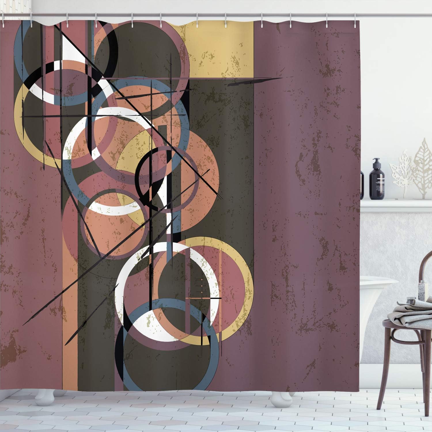 Ambesonne Modern Art Shower Curtain, Retro Surreal Abstract Circular and Square Shaped Art Lines on Murky Base, Cloth Fabric Bathroom Decor Set with Hooks, 70" Long, Sea Green