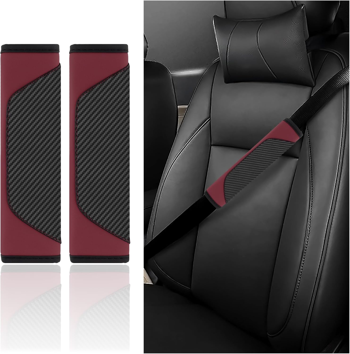 2 Pieces Car Belt Protector for Children, Carbon Fibre Car Belt Pad to Protect Shoulders and Car Decoration, Universal Car Accessories Interior Belt Cover (Bordeaux)