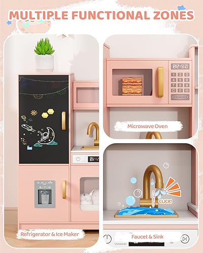 Miniatura 3 de MAMIZO Cocina de esquina de madera, gran juego interactivo de cocina para niños pequeños con pizarra, estufa y campana extractora con luz y sonido,
