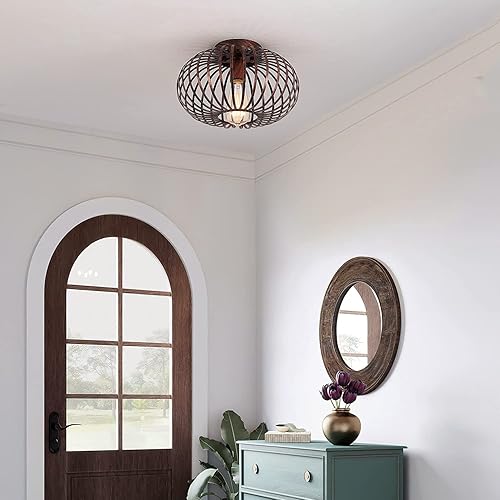 Miniatura 10 de Moderna lámpara de montaje empotrado negra industrial con jaula de metal semiempotrada para pasillo, sala de estar, cocina, entrada, granja