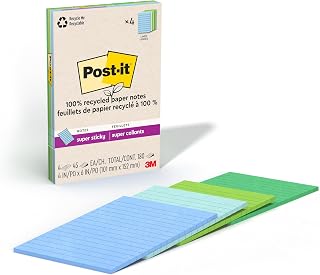 Post-it 100% Recycled Paper Super Sticky Notes, 2X The Sticking Power, 4x6 in, 4 Pads, 45 Sheets/Pad, Oasis Collection (4621R-4SST)