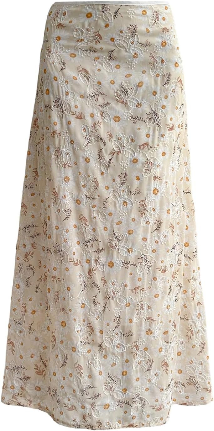 SOLY HUX Women's Floral Maxi Skirt Boho Embroidered Low Rise Flowy Vacation Skirts