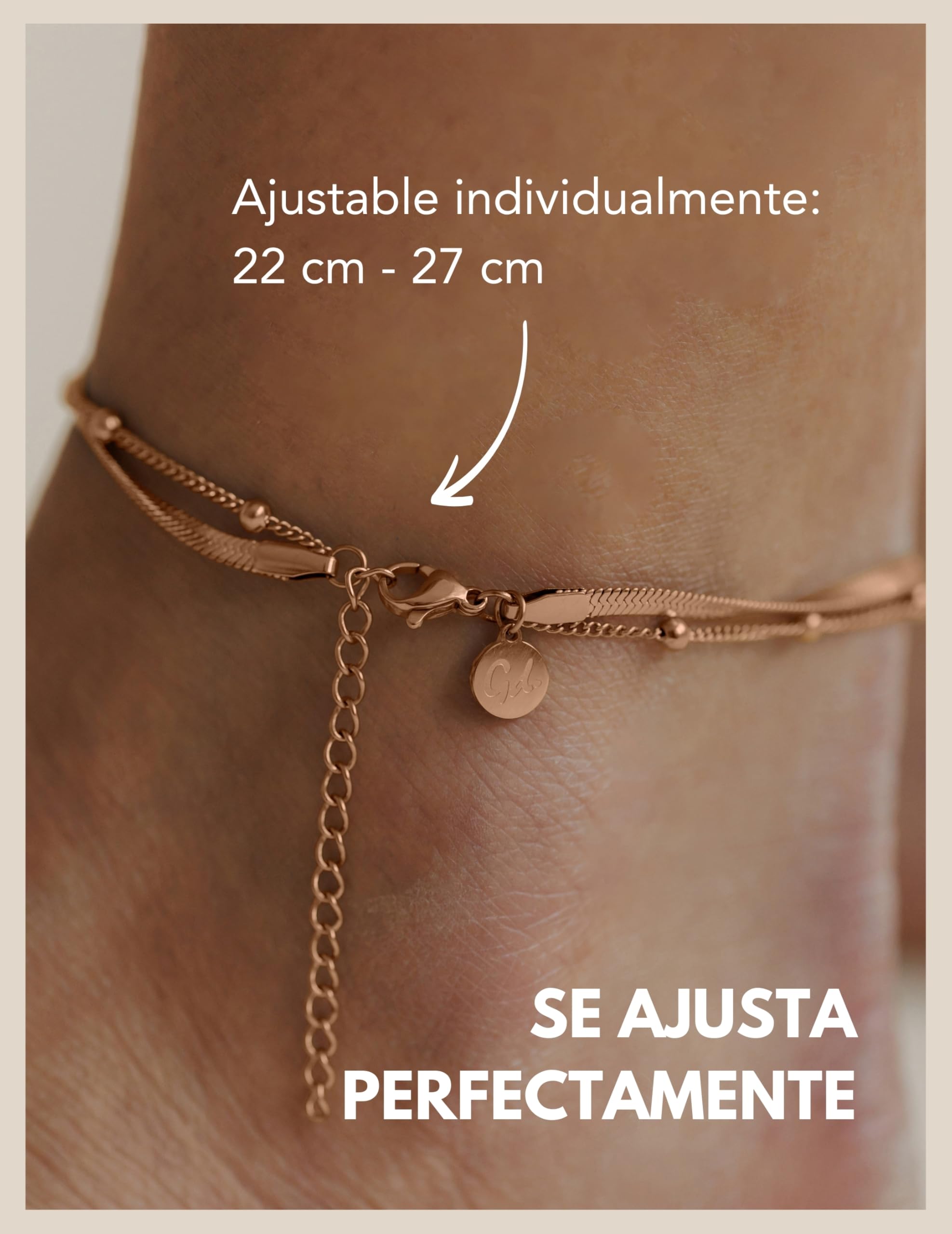 GD GOOD.designs Tobillera para señora I Tobillera multifila - Ajustable I Tobillera de cadena de serpiente dorada - plata - oro rosa I Impermeable