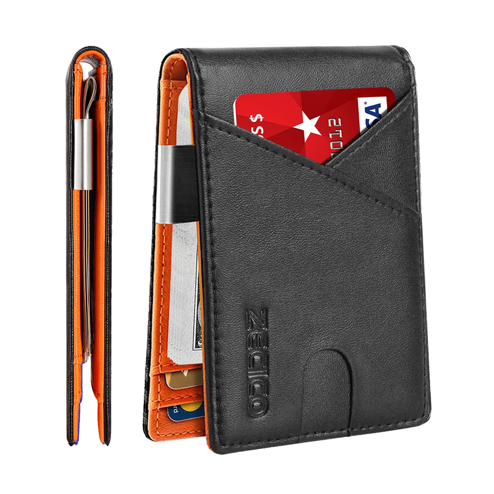 ZECICO Mens Slim Wallet Money Clip: Bifold Leanther Wallets RFID Blocking Front Pocket Wallets Credit Card Holder with ID Window Gifts for Men