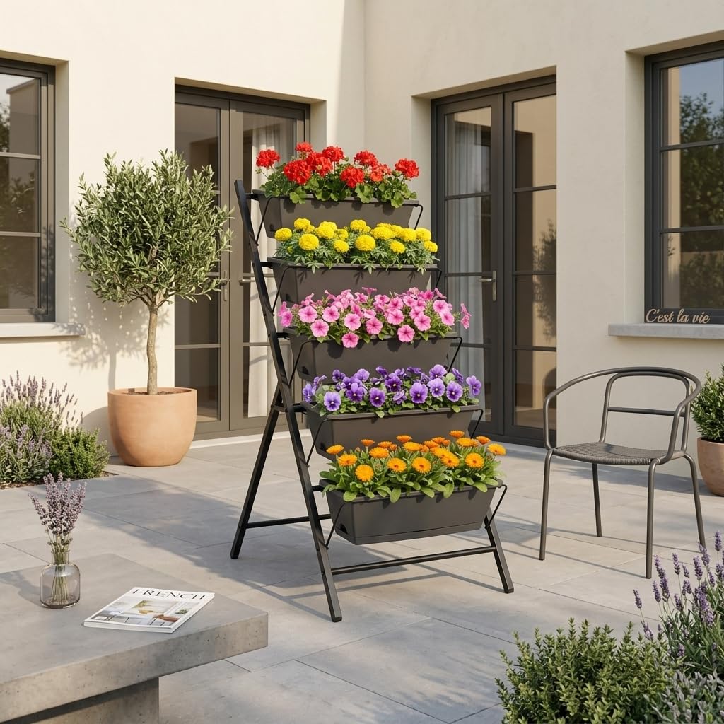 GOPLUS Jardinière Verticale Surélevée à 5 Bac à Fleurs en PP Empilables, 71x57x115 CM, Potager sur Pieds en Escalier pour Plantes avec Trou de Drainage, Plateau Amovible, Cadre en Métal (Noir)