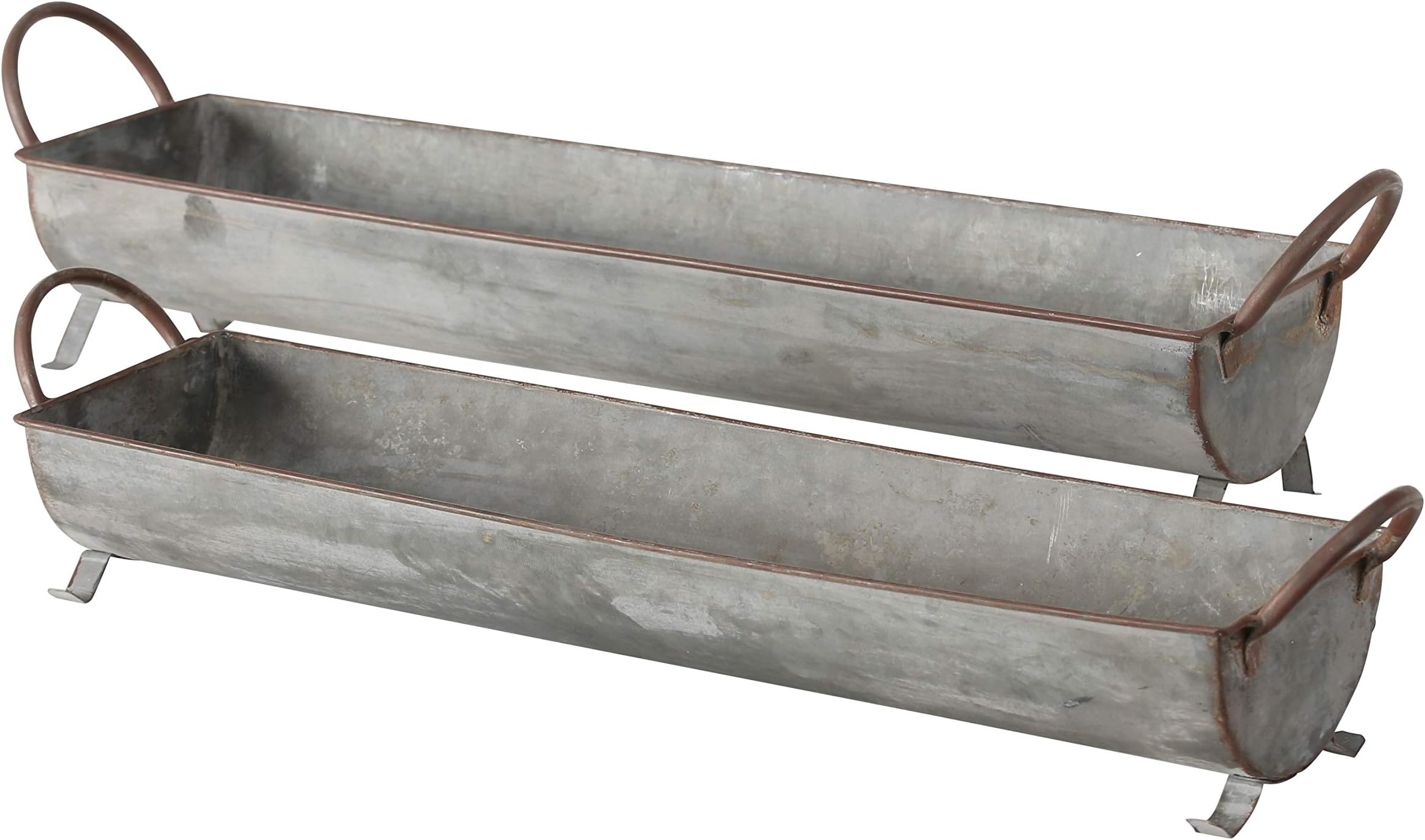 Whole House Worlds Galvanized Metal Basket Tray Planters, Set of 2, Long Trough Shaped, Zinc, 73 and 65 cm, for Container Gardens