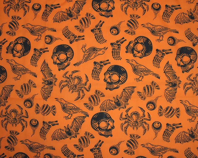 Halloween Fabric - Skulls Spiders Bats & Bones on Orange - Polycotton Craft Fabric Material Metre
