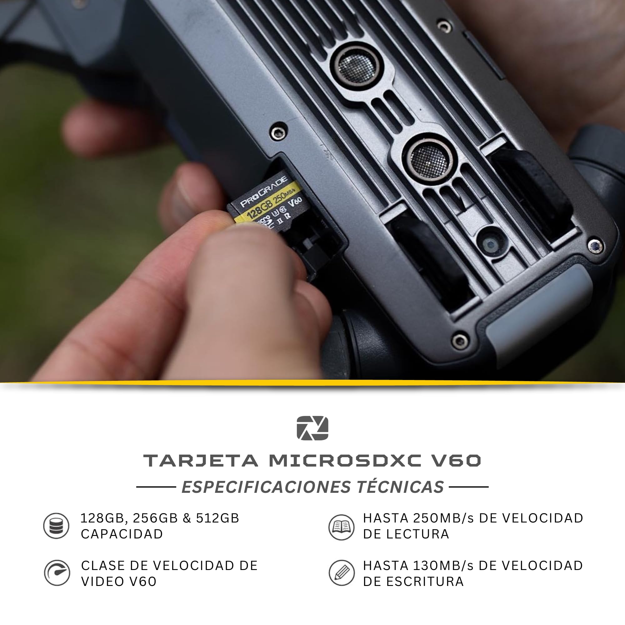 Tarjeta microSD V60 (128 GB), Probada para Dispositivos de Tarjetas SD de tamaño Completo, hasta 250 MB/s de Lectura, 130 MB/s de Escritura. ProGrade Digital