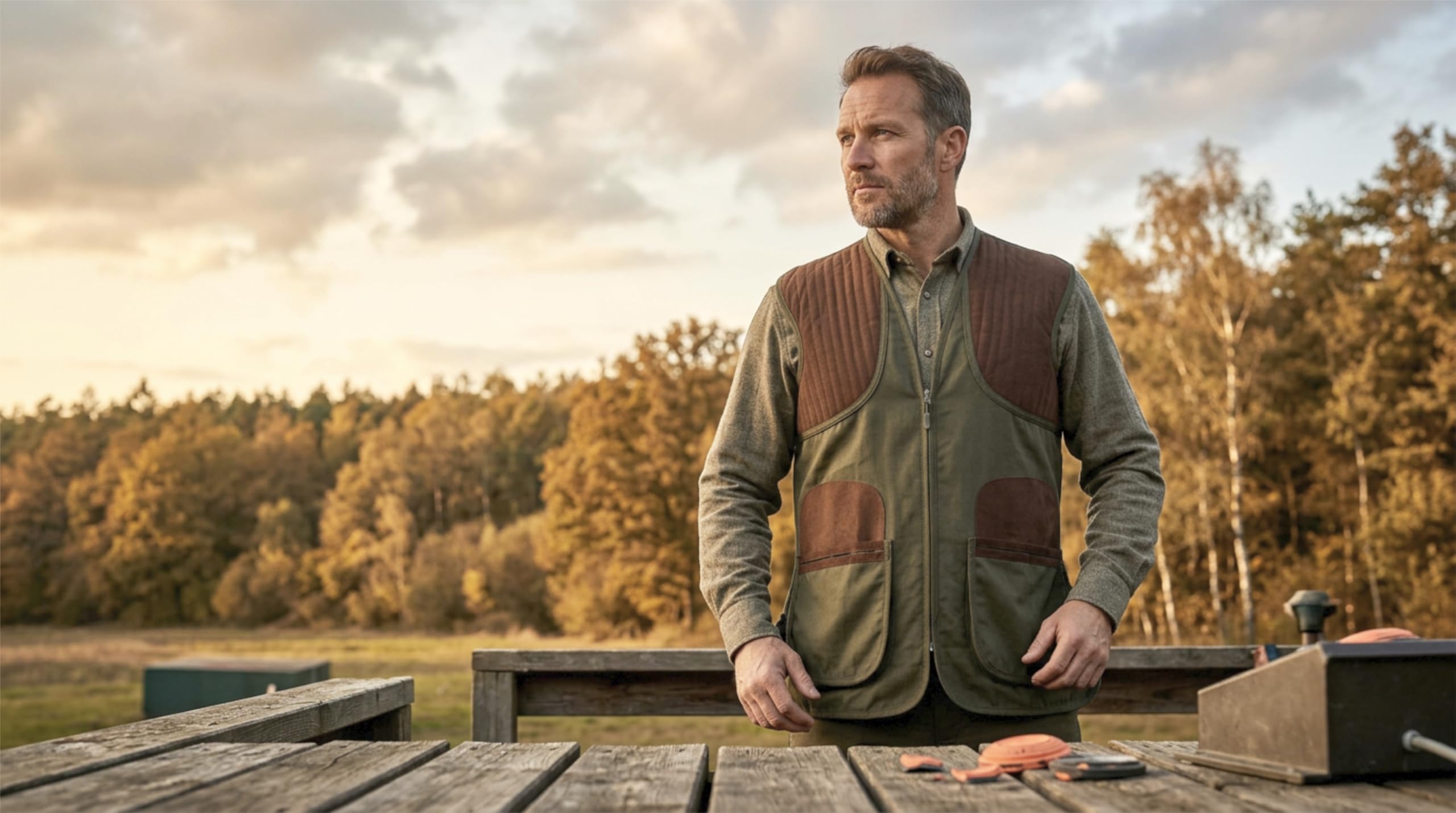 Schießweste Herren Classic Trap Skeet Jagdweste – Atmungsaktive Baumwolle mit Mesh Rücken, rutschfeste Schulterbesätze, große Fronttaschen & Rückentasche – Tontaubenschießen Schießstand Weste Grün