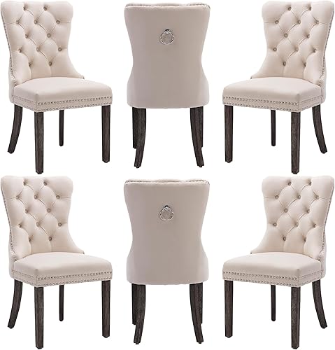 Miniatura 17 de Nikki Collection - Juego de 6 sillas de comedor de terciopelo con patas de madera y anillo de tracción, sillas laterales de lujo con ribete de Negro