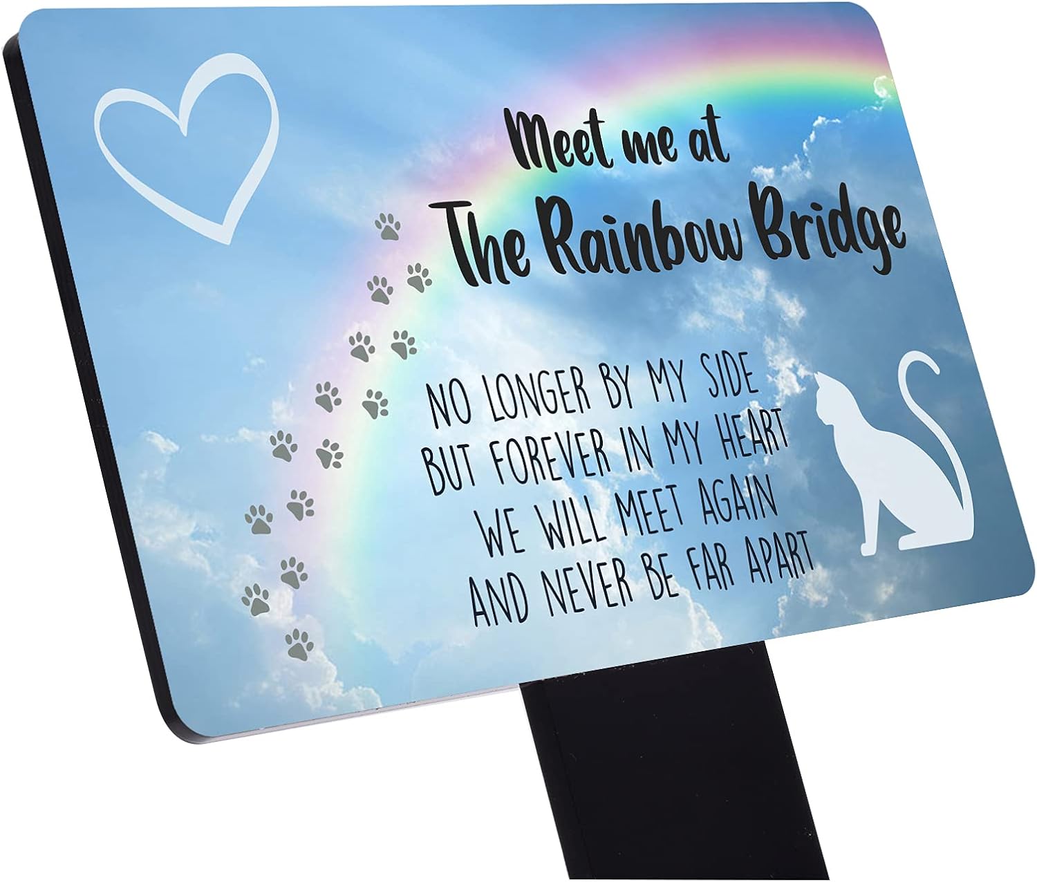 OriginDesigned New Meet Me at The Rainbow Bridge, Pet Cat Loss Memorial - Aluminium Plaque Mounted onto a Black Acrylic Stake.