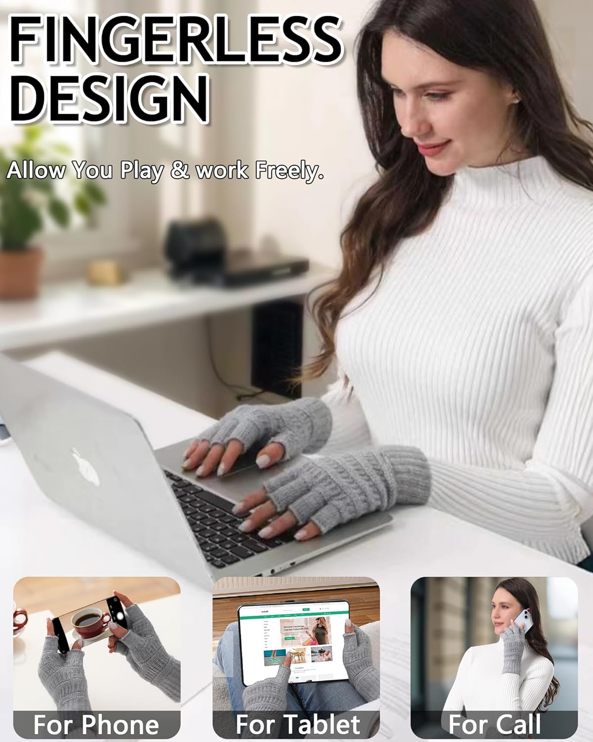 2 Pairs Fingerless Gloves for Women Men, Half Finger Winter Warm Stretch Knitted Gloves for Texting Typing Driving Working - Image 2