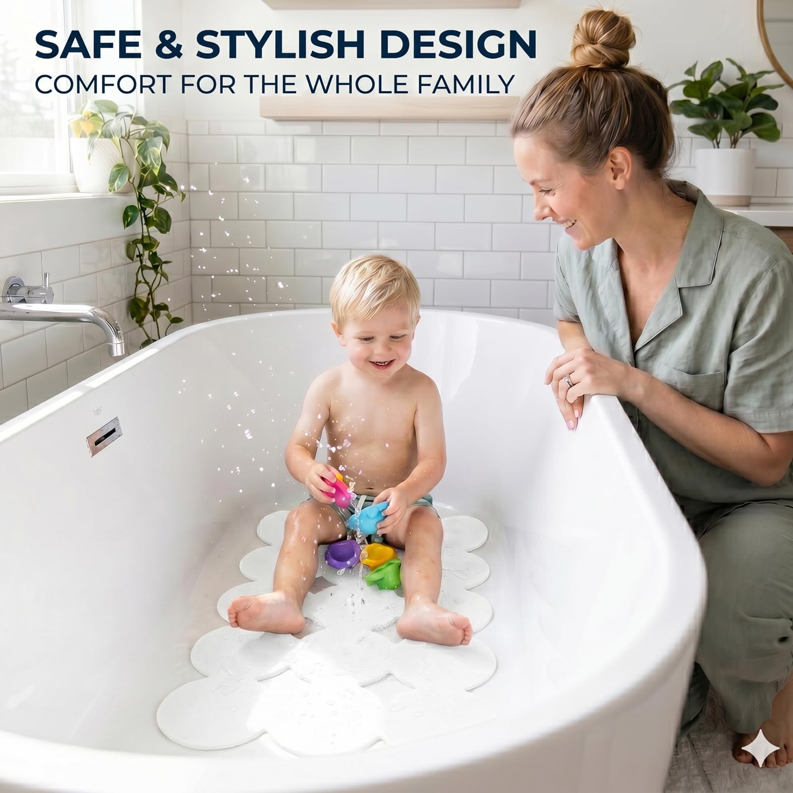 Webos Tapete Antideslizante para bañera con ventosas Fuertes, Agarre y Drenaje Superiores, tapete de baño de Goma Natural Suave y Resistente para el Interior de la bañera (Blanco, 28 x 16 Pulgadas)