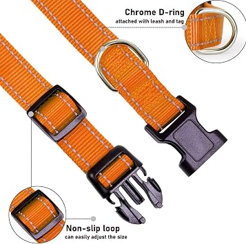 Dog Collars, Reflective Adjustable Dog Collar with Safety Buckle Metal D-Ring Padded Collar Easy to Fit & Use for Puppy Small Medium Dogs (Orange, One Size)