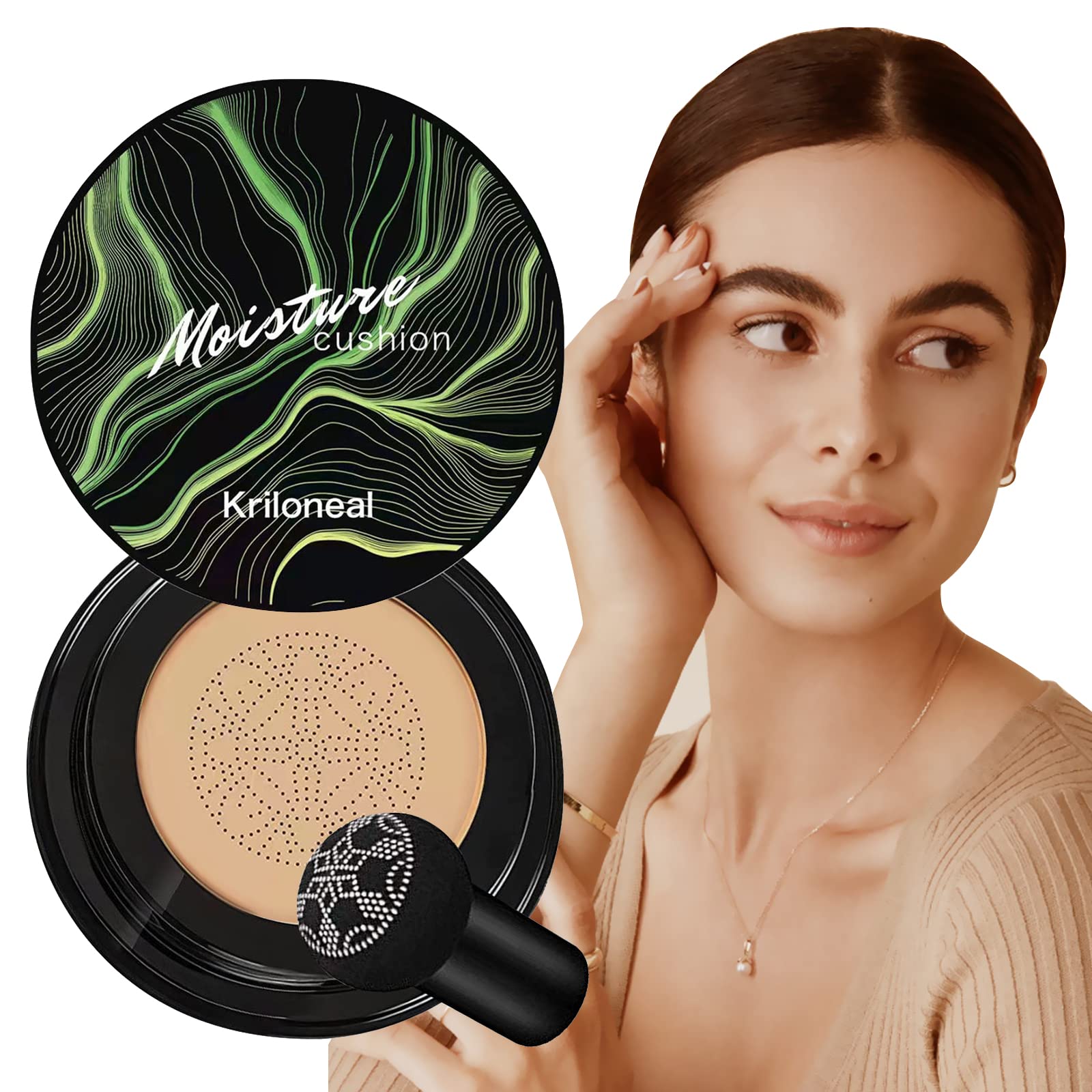 Kriloneal CC Cream Foundation Mushroom Head Air Cushion Face Makeup Moisturizing Concealer Waterproof Oil Control Long-Lasting Nude Makeup Even Skin Tone for All Skin Types (Light Brown)