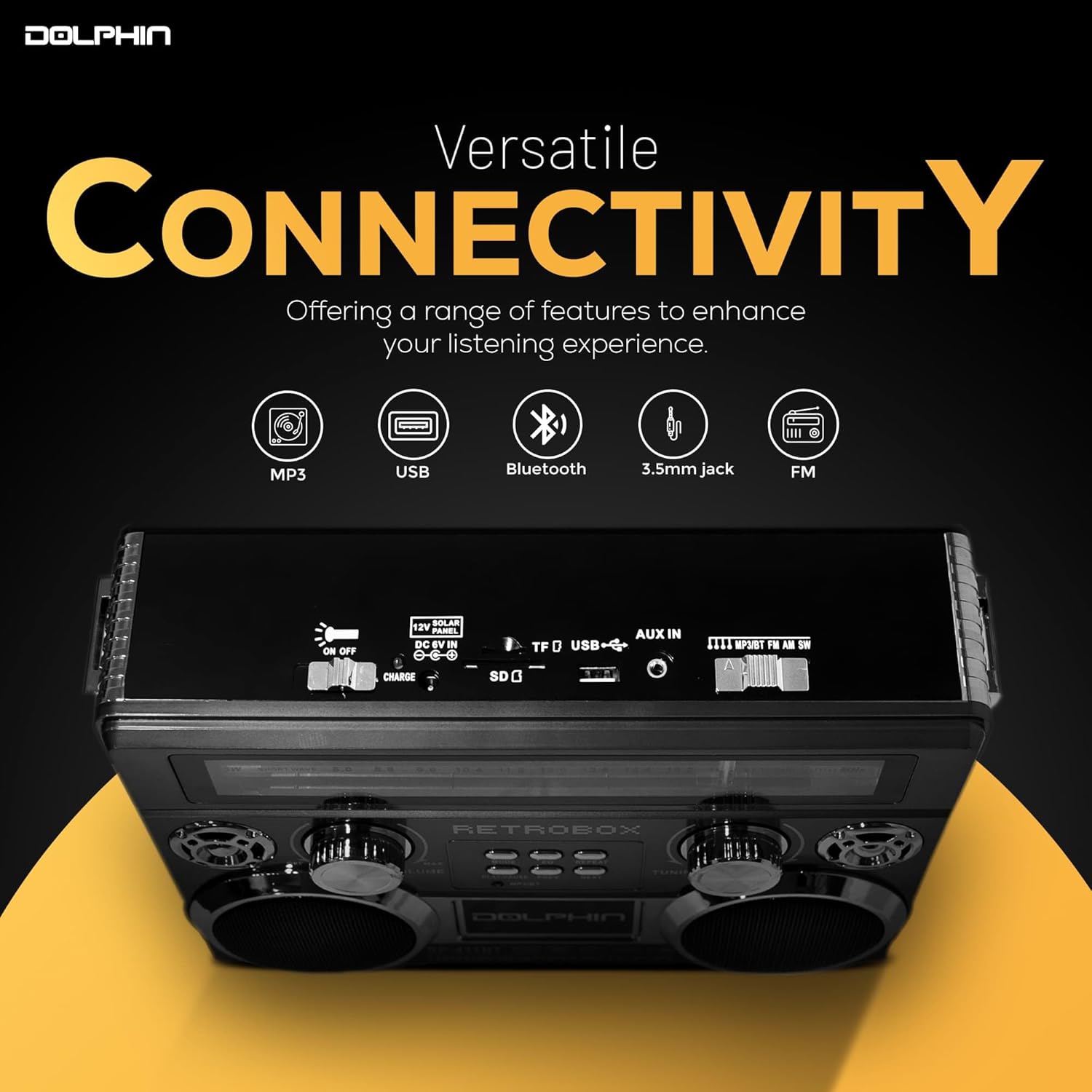 Dolphin RETROBOX SP-411BT showing versatile connectivity options