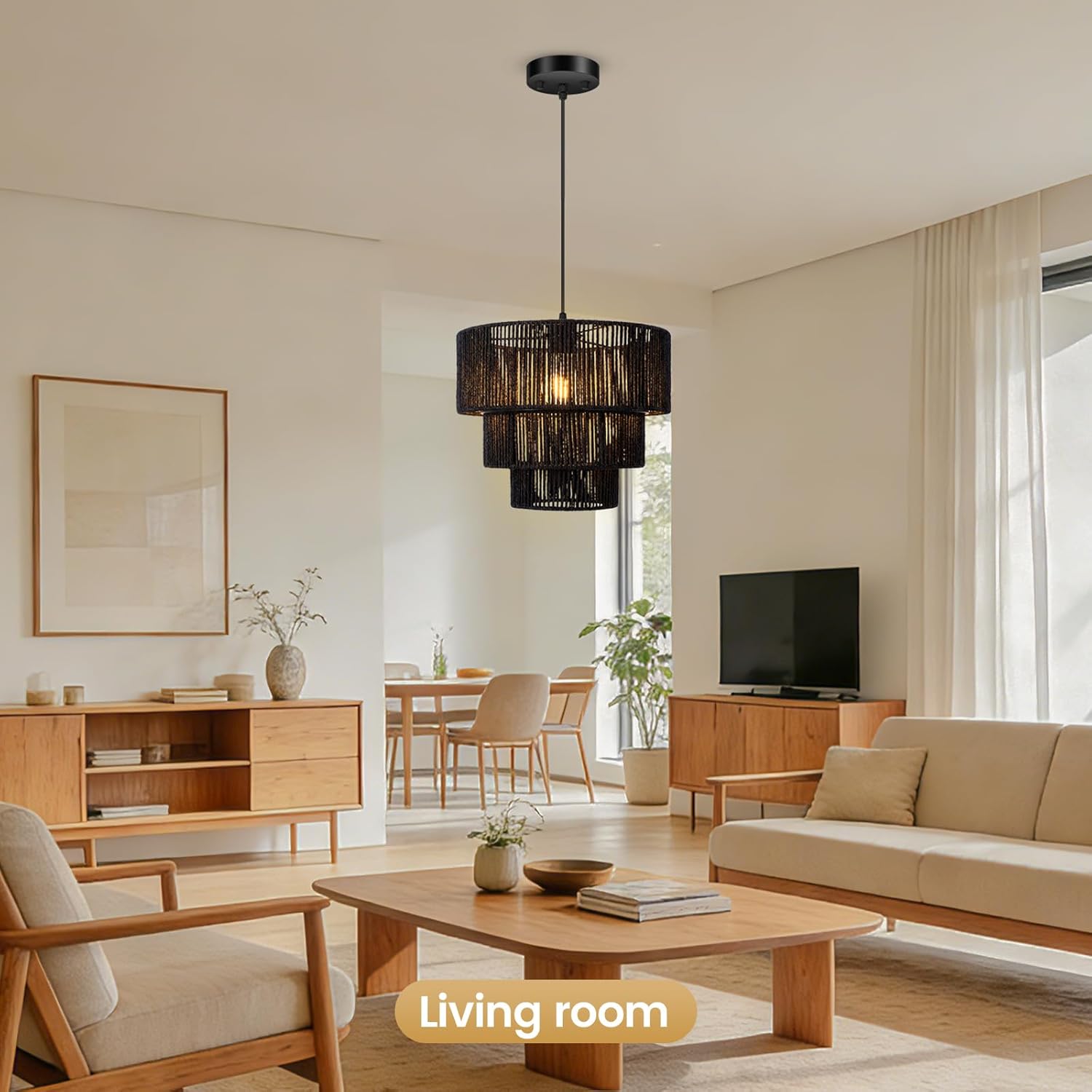 BoostArea Boho Rattan Chandelier Light,3-Tier Hand Woven Lampshade Ceiling Pendant Light Fixture,12.6” Farmhouse Chandelier Hanging Light for Living Room,Kitchen Island,Bedroom,Adjustable Cord,Black