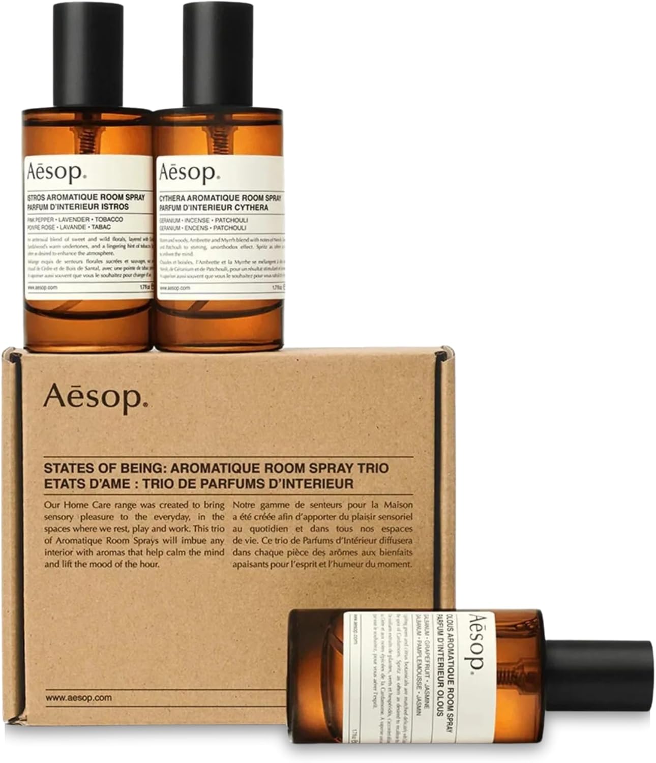 Aesop States of Being Aromatique Mini Room Spray Set – Olous, Cythera, & Istros | Fresh, Woody & Floral Scents | Long-Lasting Room & Linen Spray | 1.69 oz each (3PK)