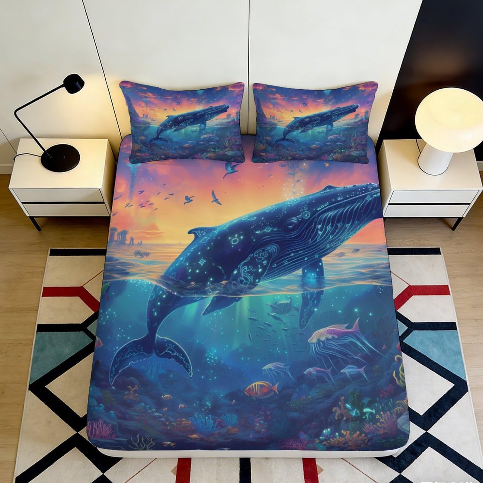 3D Printed Ocean Sunset Fitted Sheet Microfiber Whale Art Mattress Cover for Bedroom Dorm Decor Easy Care 90x200x25cm