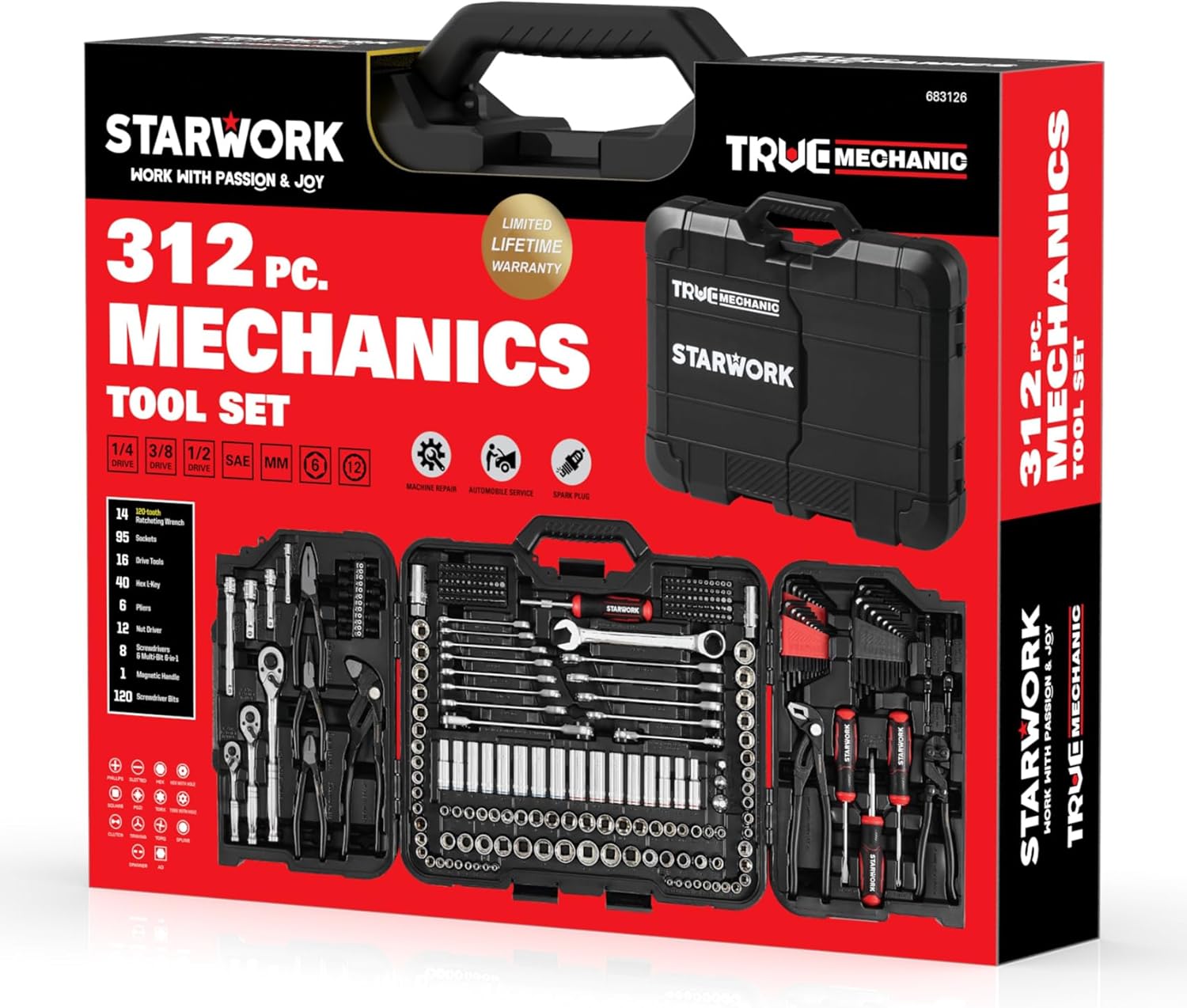 STARWORK TRUE MECHANIC 312-Piece Mechanics Tool Set and Socket Set, Professional 【Pliers Wrench】 SAE/Metric, Mirror-Finish Sockets & Ratchet Wrenches