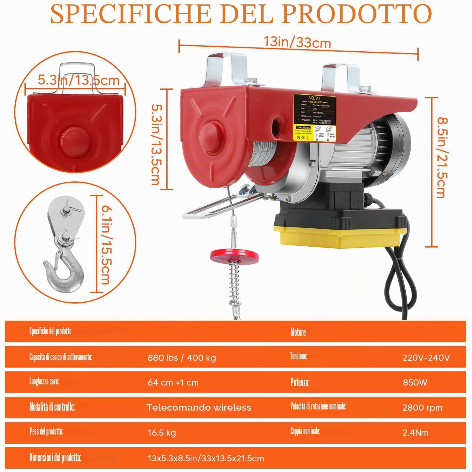 Paranco Elettrico, Capacità di Sollevamento 400 kg, Altezza di Sollevamento Elettrica 12 m,Argano Elettrico 850W,Velocità di Sollevamento 10m/min,Vericello con Radiocomando