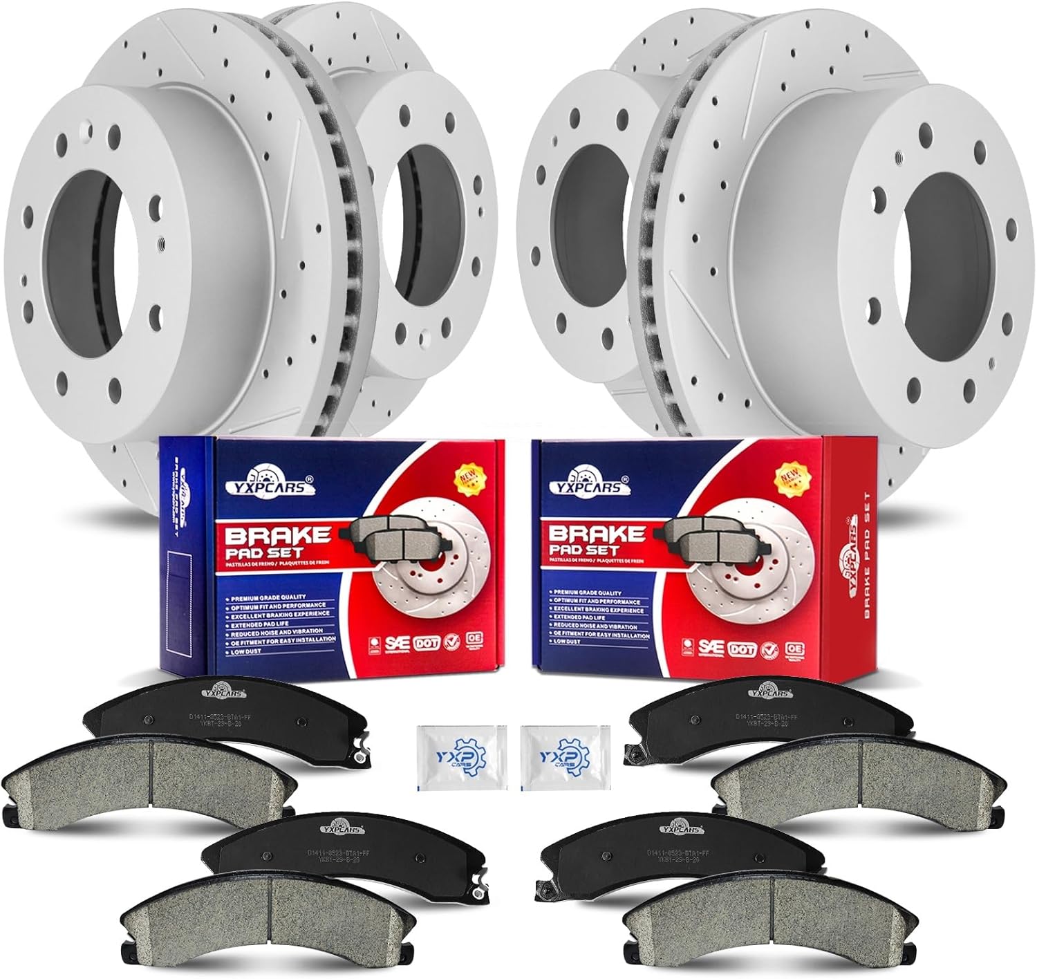 Front & Rear Drilled Slotted Rotors and Ceramic Disc Brake Pads Kit for Chevry Silverado (2500/3500) Hd 2011-2019/ Suburban 3500 Hd 2016-2018, for Gmc Sierra (2500/3500) Hd 2011-2019