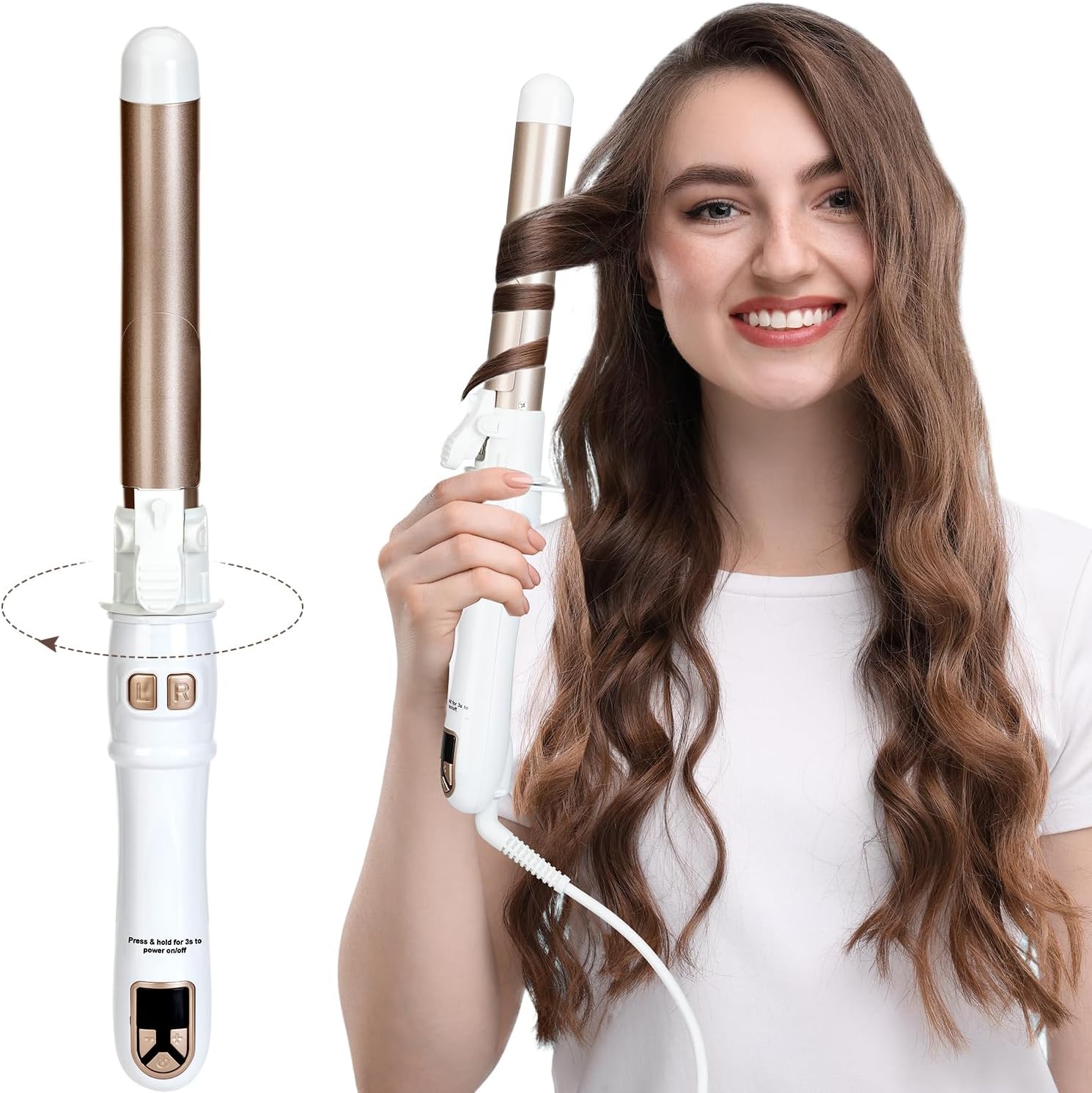 Automatic Rotating Curling Iron for Long Lasting Curls, 1.1 Inch Hair Curler with LED Display, Fast-Heating Curling Wand for Long & Short Hair, Perfect Hair Waver Styling Tool (White)