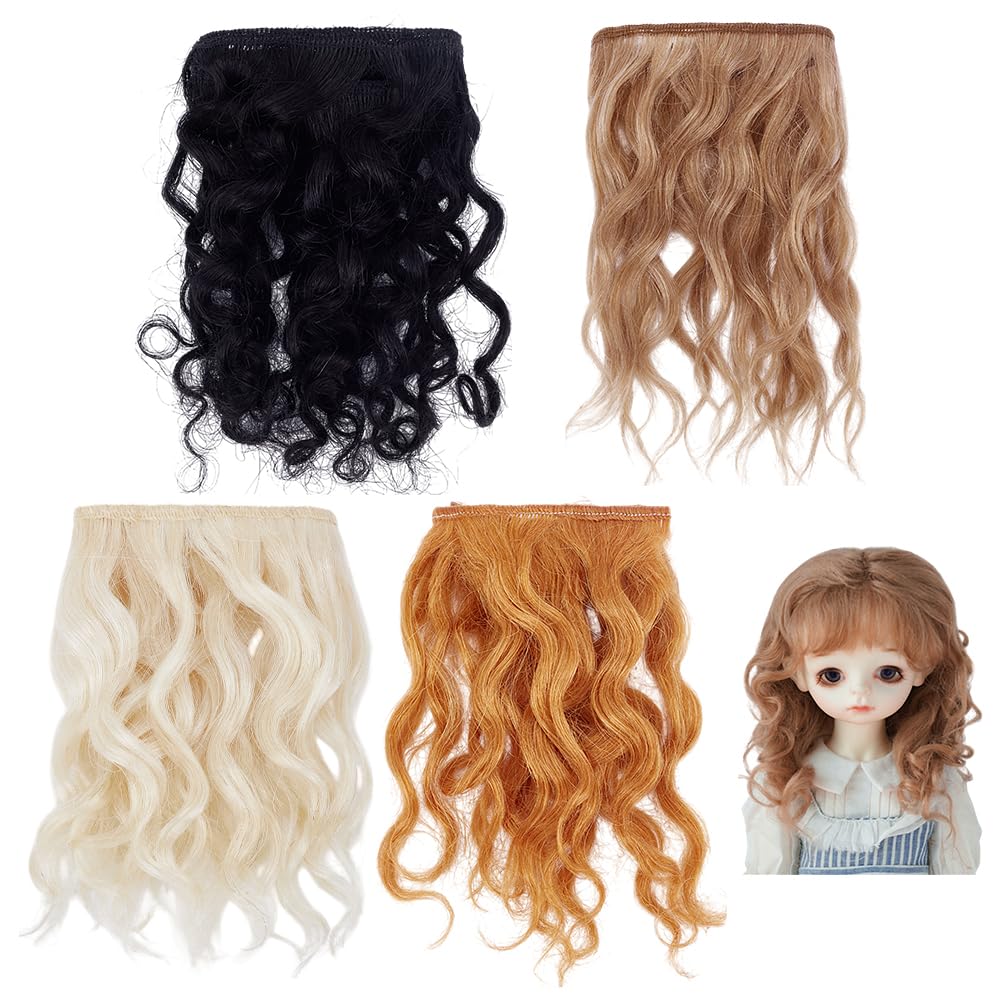 PH PandaHall 4 Colors Hairs Wig Long Curly Wig Mohair Hair Wefts Faux Hairs Extensions Artificial Figurine Wigs for DIY Craft-Hair Replacement Making Art Supplies 11-17cm Long