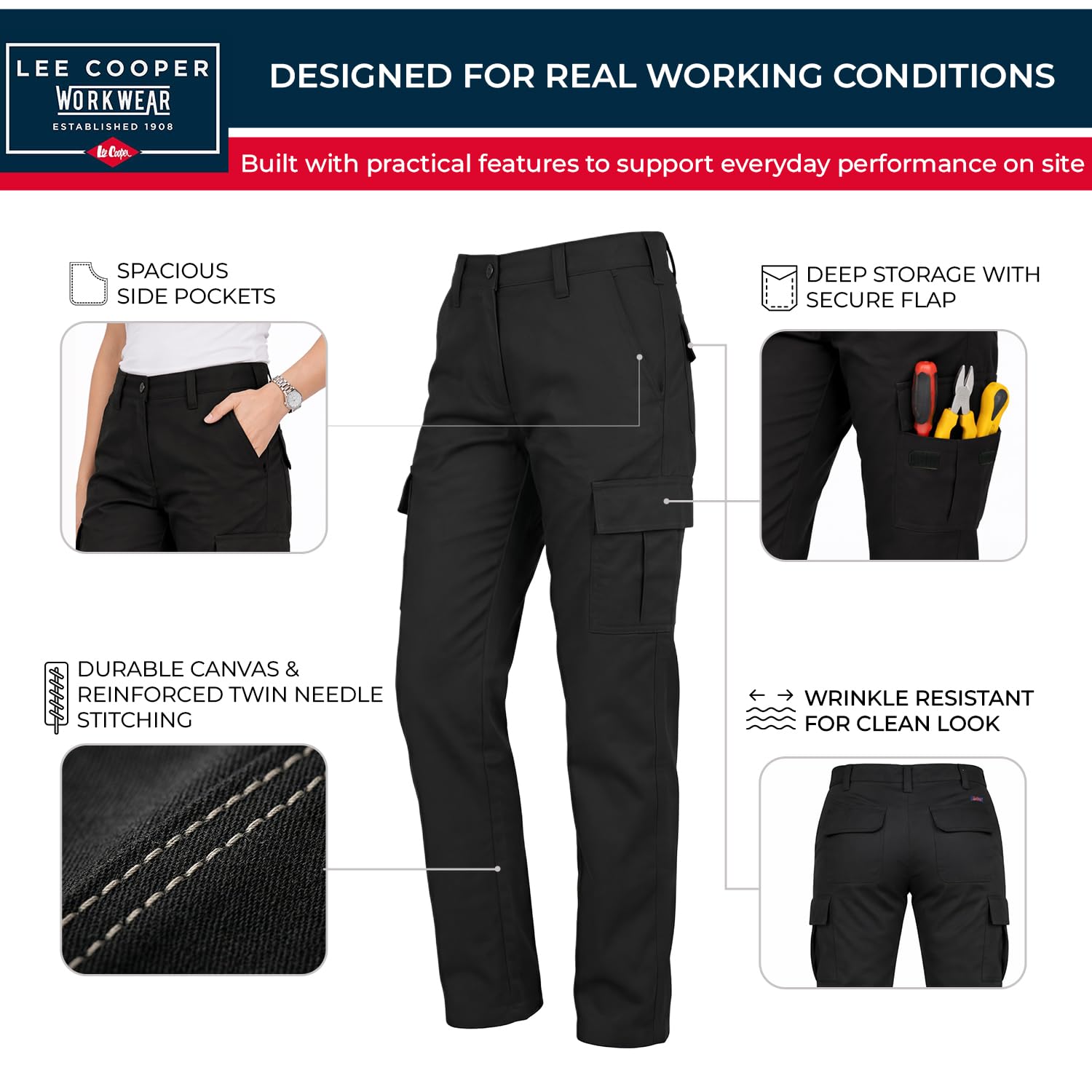 Lee Cooper Damskie wytrzymałe łatwe w pielęgnacji wiele kieszeni bezpieczeństwo pracy klasyczne spodnie cargo
