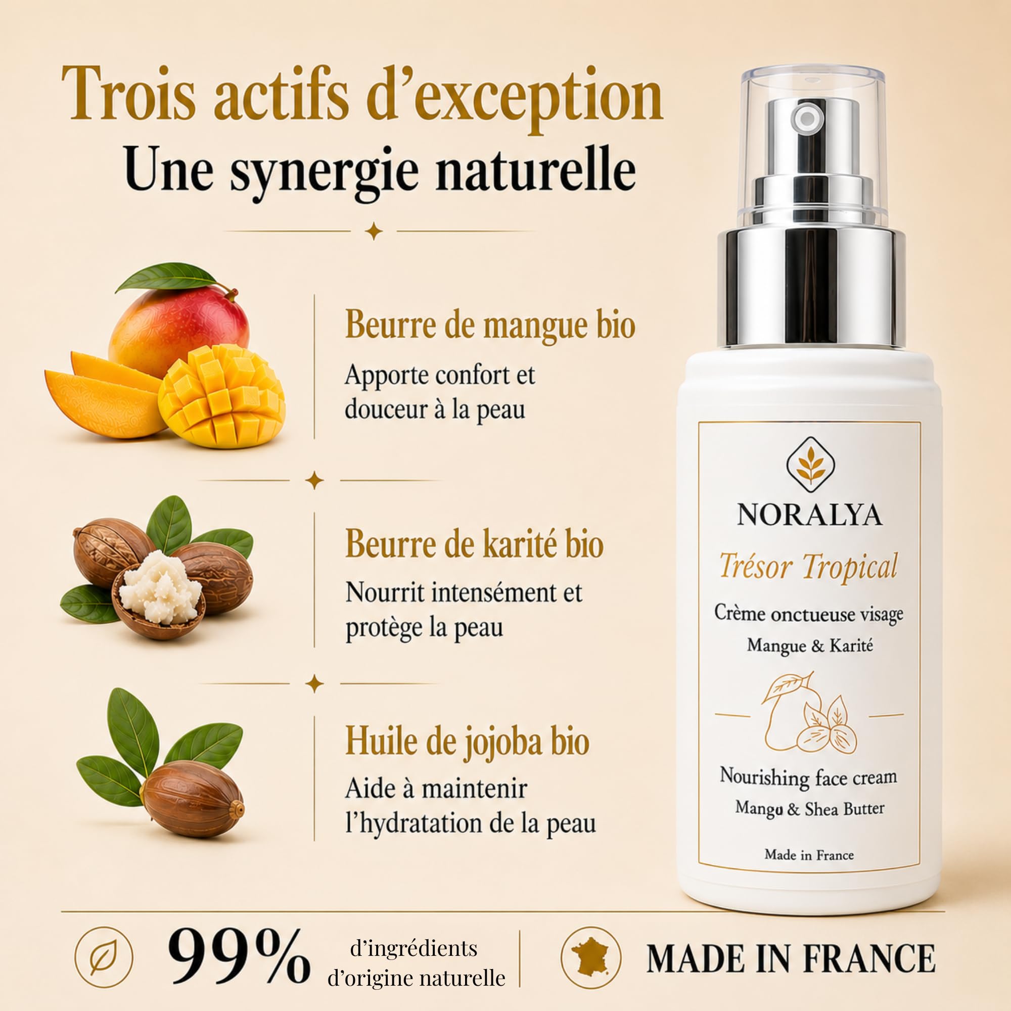 Crème Hydratante Visage Bio Karité & Mangue Vegan Made in France | Actifs bio - Nourrit et adoucit - Texture onctueuse non grasse - Confort durable - 99% Naturelle - 50 ml