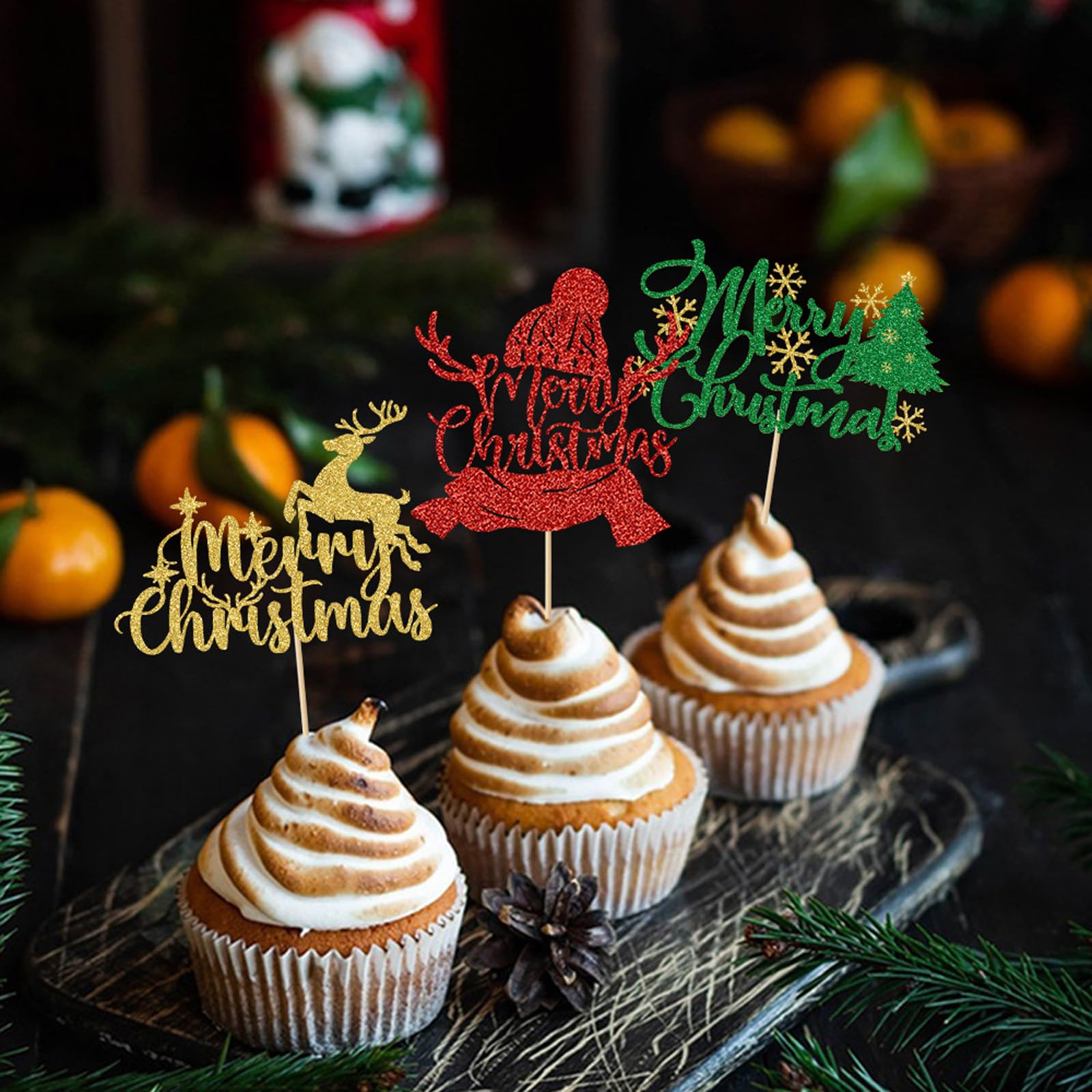 KASESSS Merry Christmas Cake Topper Set, Christmas Cake Toppers with Tree, Deer, Hat Designs - Image 3