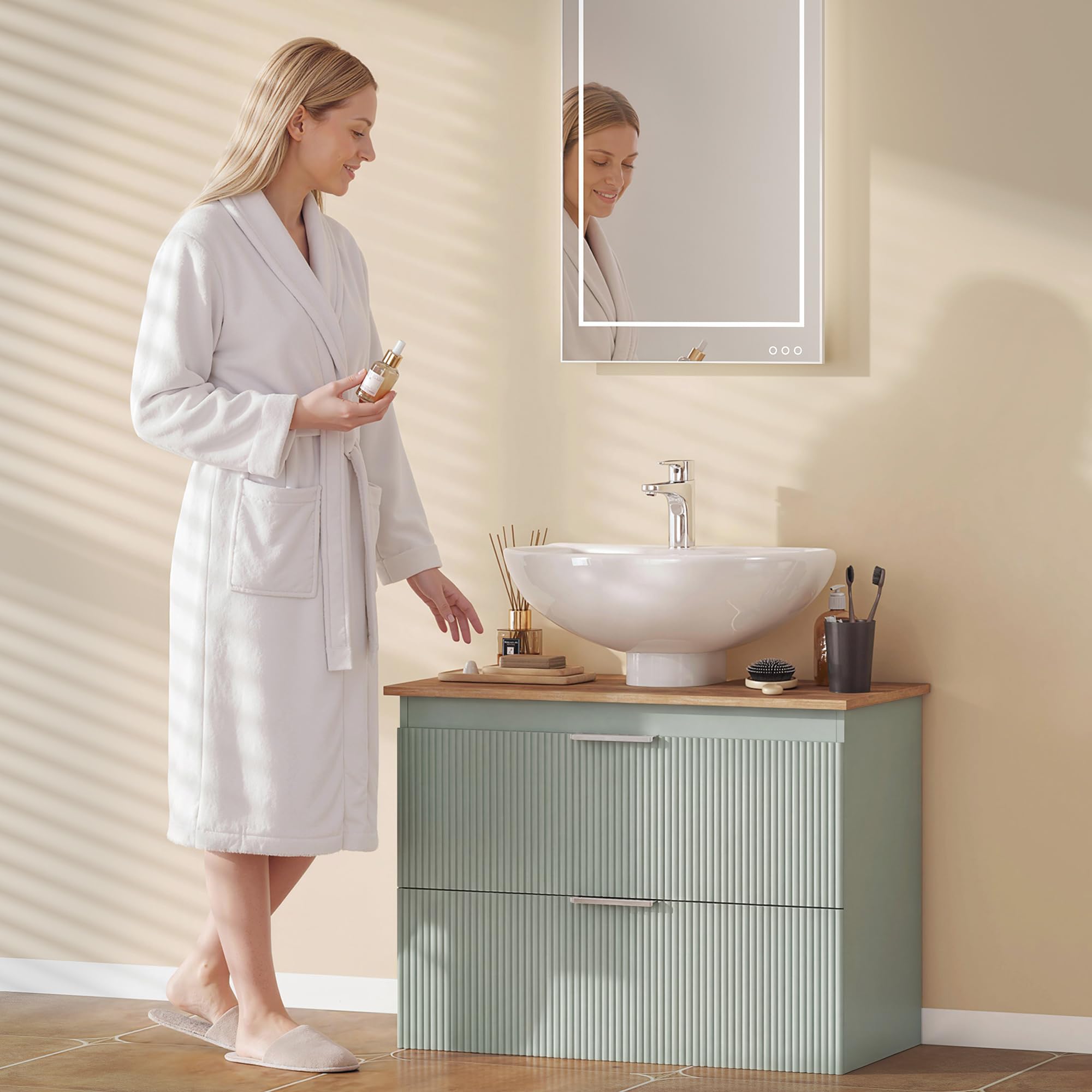HOMCOM Meuble sous lavabo, Meuble de Salle de Bain avec 2 tiroirs, Armoire de Salle de Bains sous lavabo, Style Moderne, 80 x 40 x 60 cm, Vert et Bois Naturel