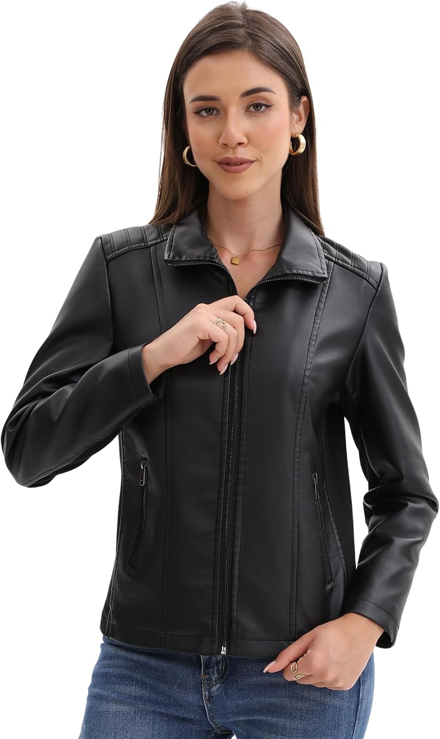 Womens Leather Jacket Bomber Motorcycle Biker Leather Coat Zip Front Elastic Side Fitted Style