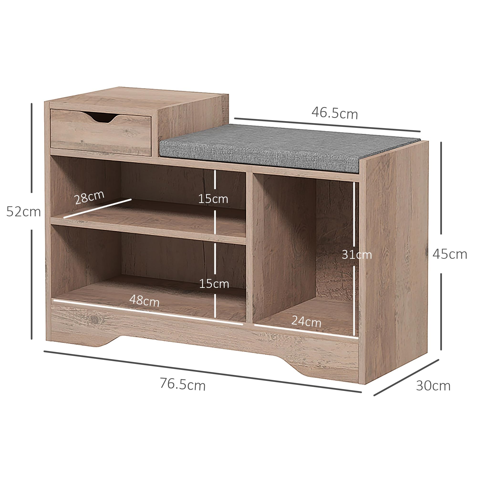 HOMCOM Panca Scarpiera Moderna con 3 Ripiani Aperti, 76.5x30x52 cm, Grigio | Cassetti, Scarpiera Bassa, Truciolato, Poliestere e Spugna
