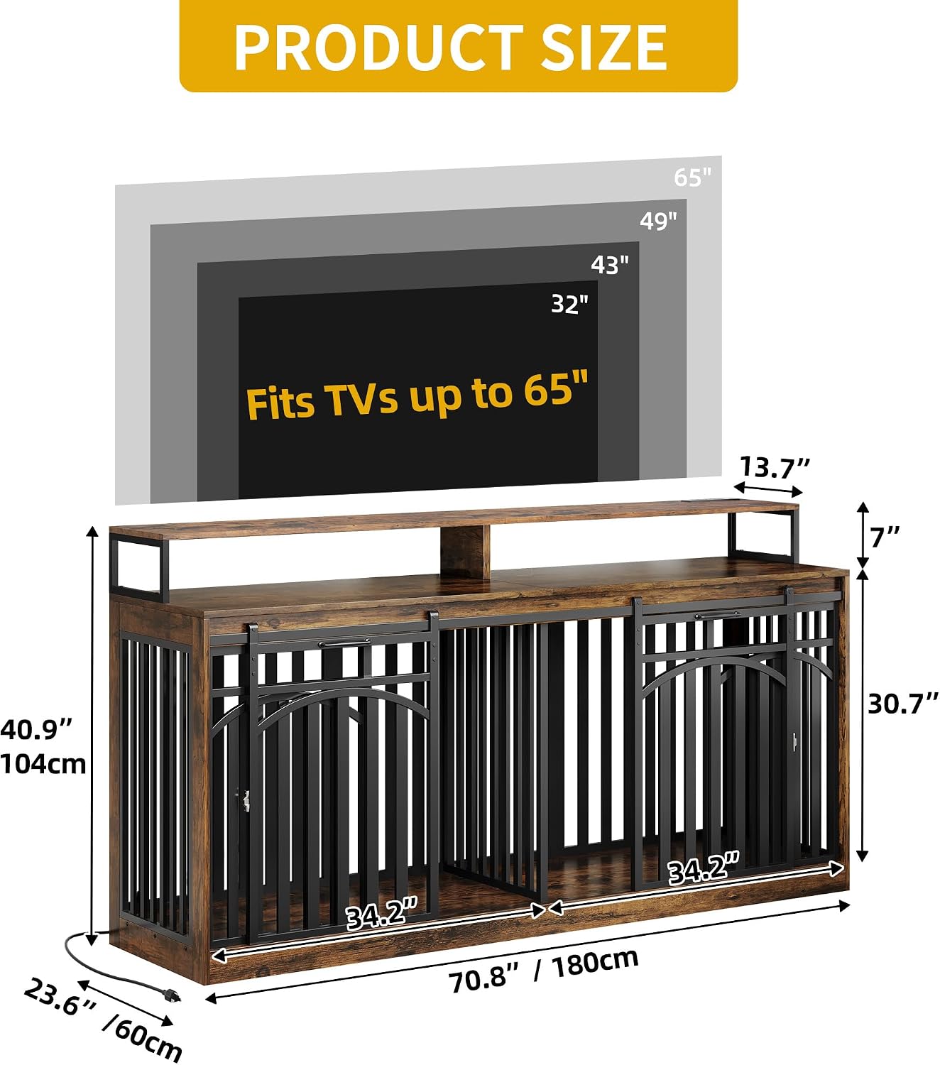 YITAHOME 71 Inch Double Dog Crate Furniture with LED Light & Power Outlets for 2 Dogs, Heavy Duty Cage with TV Stand Shelves, Dog Kennel Indoor Sliding Barn Door Design for Large Dogs, Rustic Brown