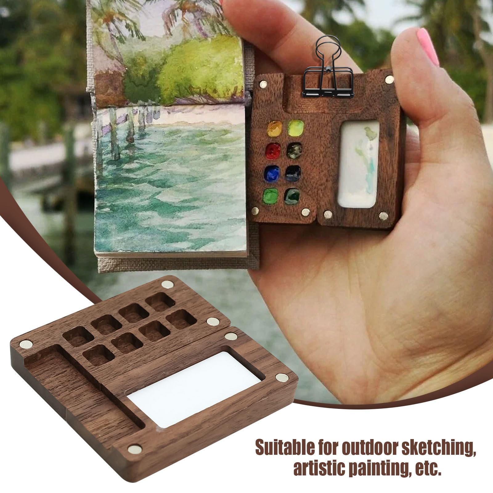 Mini Palette D'Aquarelle En Bois Personnalisable - 15 Puits Magnétiques, Pliable | Pour Voyage Et Cadeau Artiste