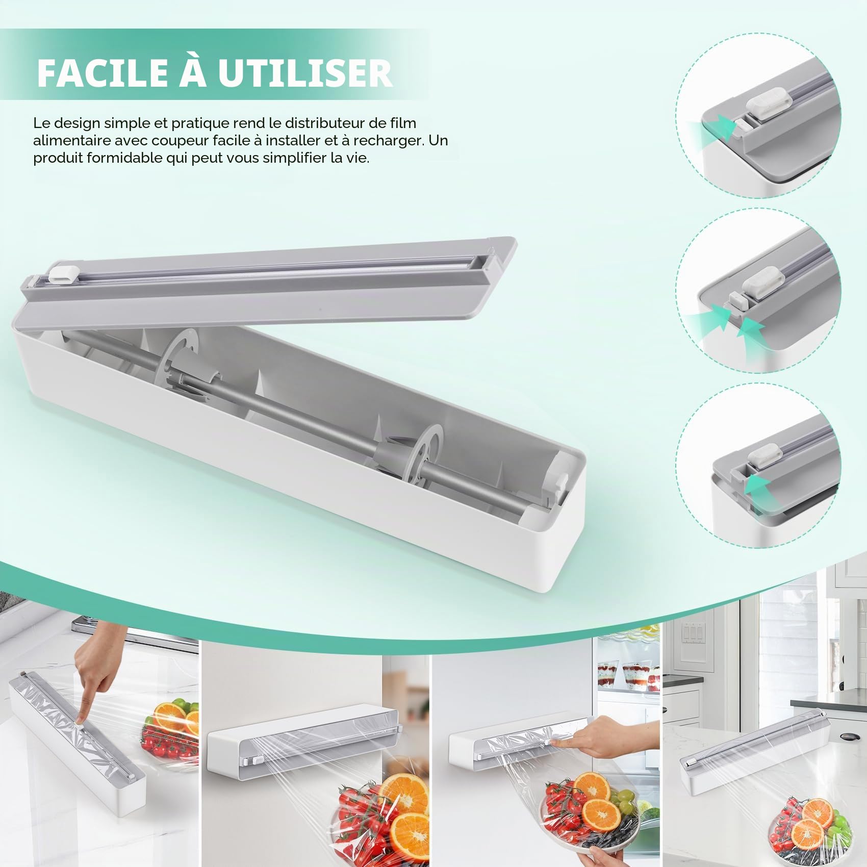 Derouleur Film Alimentaire avec Coupeur - Magnétique et Murale sans Percer, Distributeur Papier Aluminium et Film - Organisateur de Cuisine Gain de Place - Rouleaux Jusqu'à 31cm, Blanc
