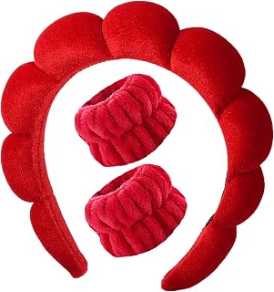 Luckybear Spa Headband for Washing Face, Makeup Headband Wristbands Red | Soft Velvet Puffy for Women Bubble Skincare Headbands, Helps Hold Hair Back, Keeps Sleeves Dry, Face Wash, Facial Skin Care