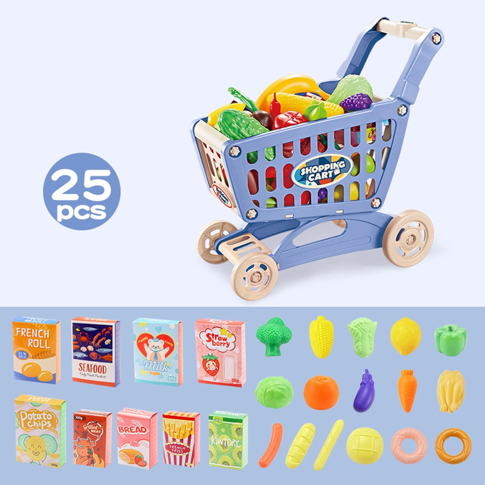 Set di Gioco con Carrello, Carrello della Spesa Giocattolo, Grande capacità con Accessori Alimentari, Mano da Supermercato Giocattolo per a, Blu