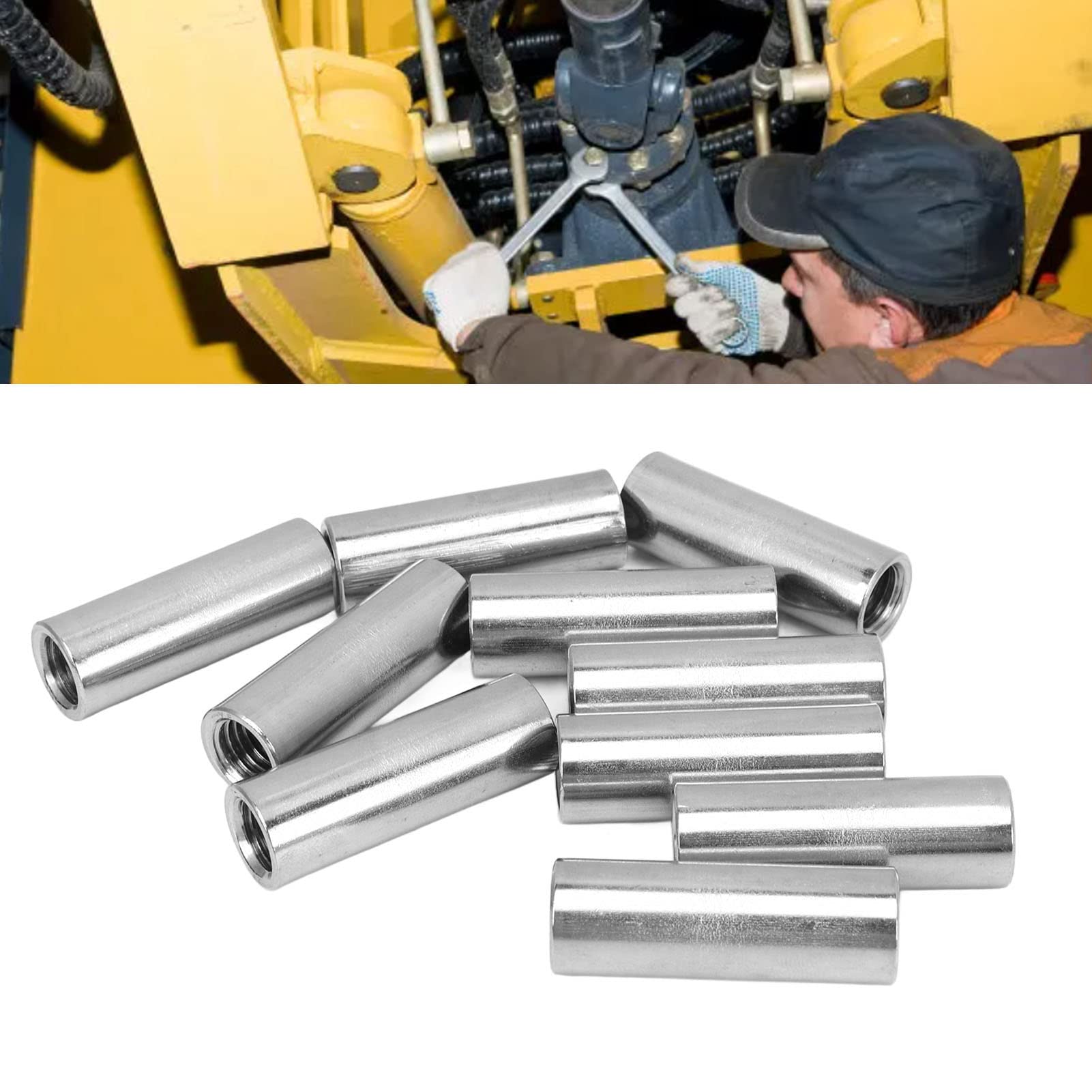 10 écrous Cylindriques, 10 écrous 10 écrous d'accouplement en Acier sans 10 X 1,5, écrous Ronds, 10 écrous d'accouplement à Tige Ronde, Astener en Acier 304 sans, 14 L40 Mm, SKU