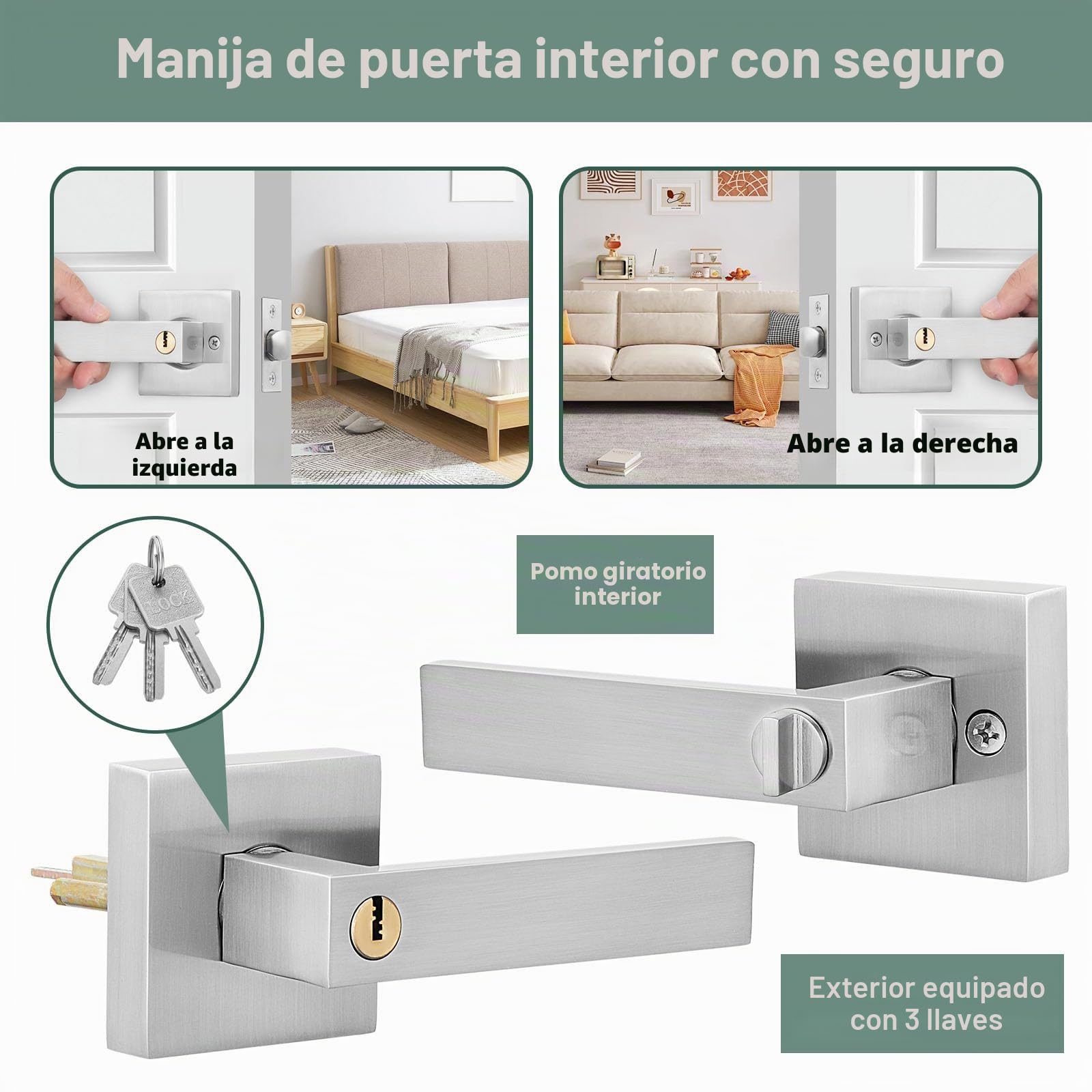 HSEAMALL Tirador de palanca para puerta, tirador de puerta interior con cerradura y llave, puerta de entrada cuadrada para dormitorio oficina mano derecha o izquierda (plata)