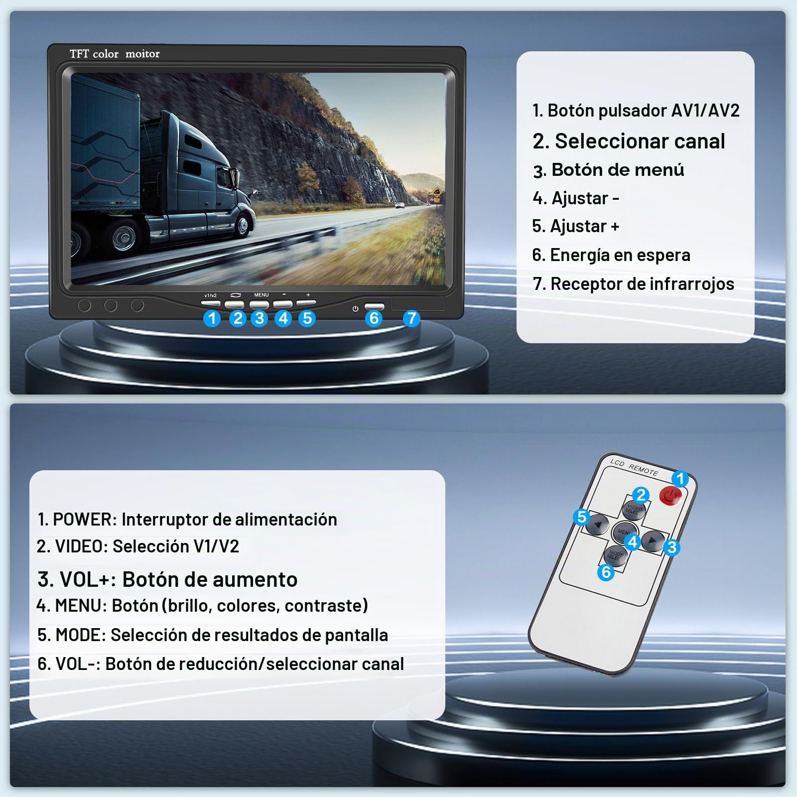 Hikity Kit de Cámara Trasera Inalámbrica para Coche, Monitor de 7 Pulgadas con Doble Cámara Trasera Impermeable con Visión Nocturna y Gran Angular para RV Camión, Autobús