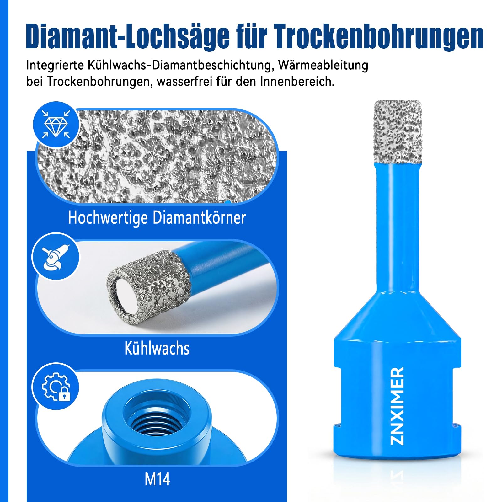 Diamant Fliesenbohrer 10mm - 5 Stück M14 Diamantbohrer Lochsäge für Fliesen Porzellan Keramik Marmor Granit Bohrungen, für Winkelschleifer
