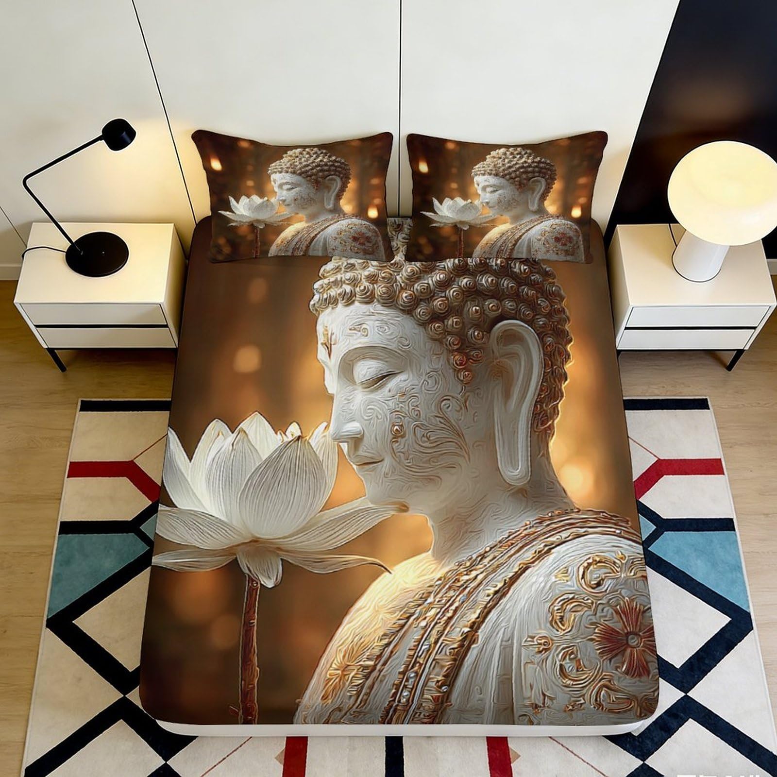 3D Printed Buddha Lotus Fitted Sheet Microfiber Soft Breathable Spiritual Bed Cover for Bedroom Dormitory Guest Room Mattress Protection Decor 90x200x25cm
