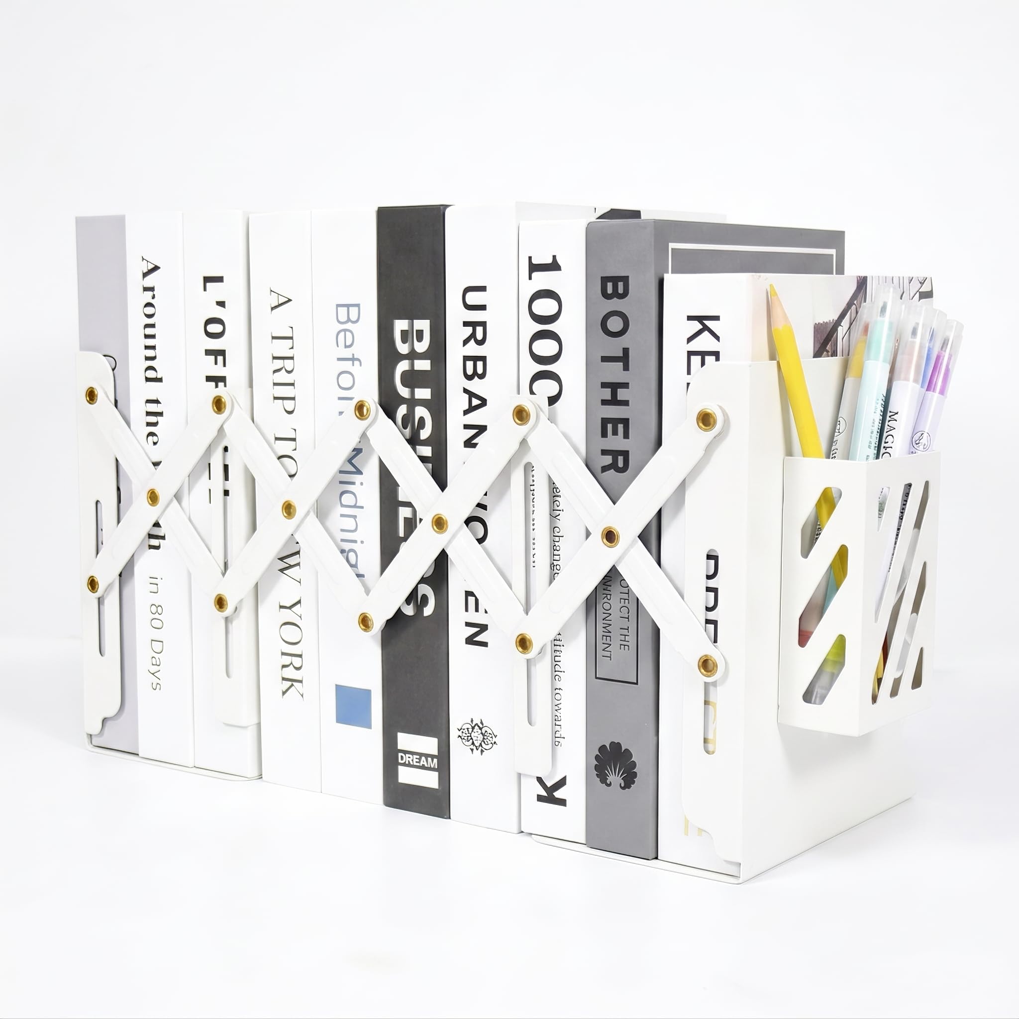 Marte Vanci Adjustable Bookends, Metal Bookends with Removable Pen Holder for Shelves, Book Stopper for Heavy Books, Bookshelf Organizer for Home, Office, School,Extends up to 18 inches(White)