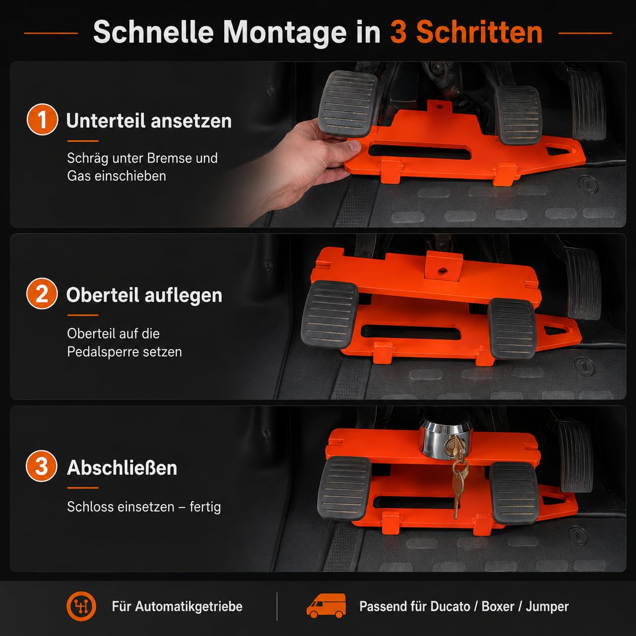 WOMOFIX PedalLock - Blocco pedale Fiat Ducato cambio | Per Peugeot Boxer, Citroën Jumper e Opel Movano • Set completo con lucchetto a puck • Protezione immobilizzatore meccanica