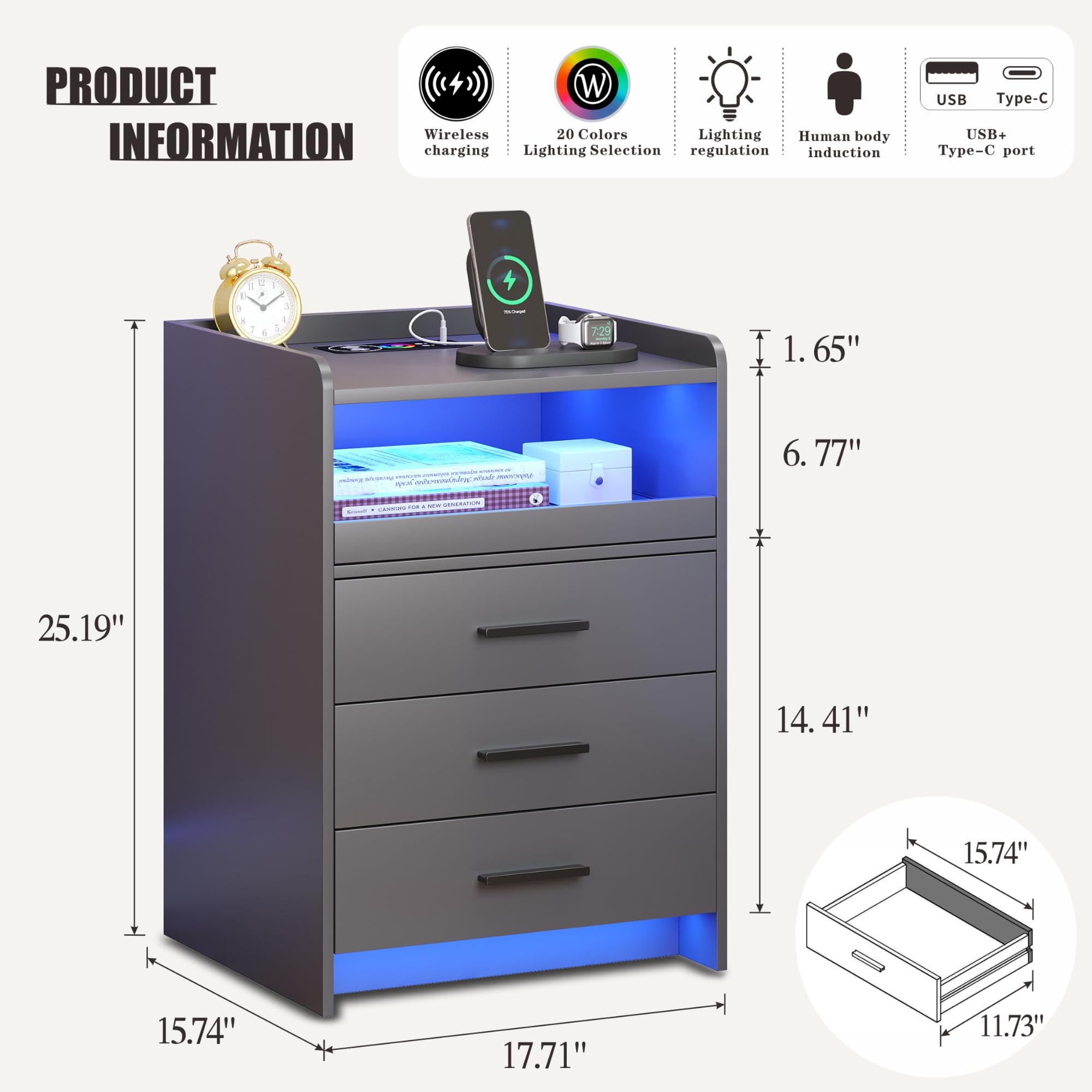 Nightstand with Wireless Charging Station Bedside Table with RGB Light & Human Sensor Design 3 Drawers LED Modern Night Stand End Table for Bedroom Livingroom Office- Grey