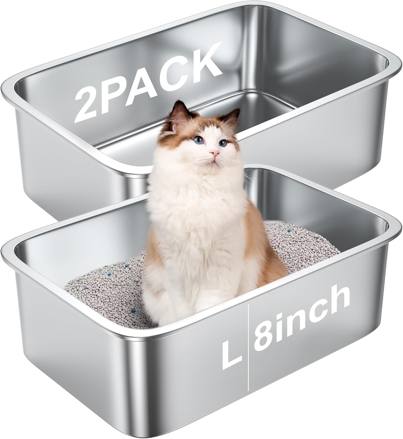 2 Pack 8" Deep Large Litter Box Stainless Steel Cat Litter Box Metal Litter Box Easy to Clean,Non-Stick Kitty Litter Box,Suitable for Indoor and Outdoor Pet Cats (2-Large) One Size